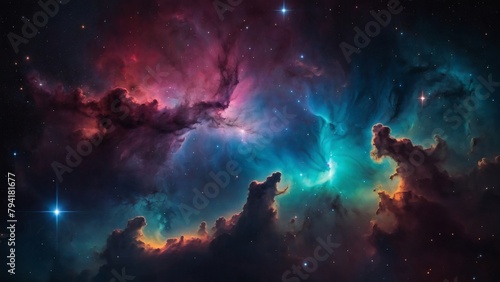 Colorful Galactic Nebula Cloud Illuminated by Distant Stars. Space Exploration Background.
