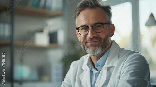 A male head doctor in a white lab coat and glasses smiles at the camera. An online therapist. He sitting at his desk in his office