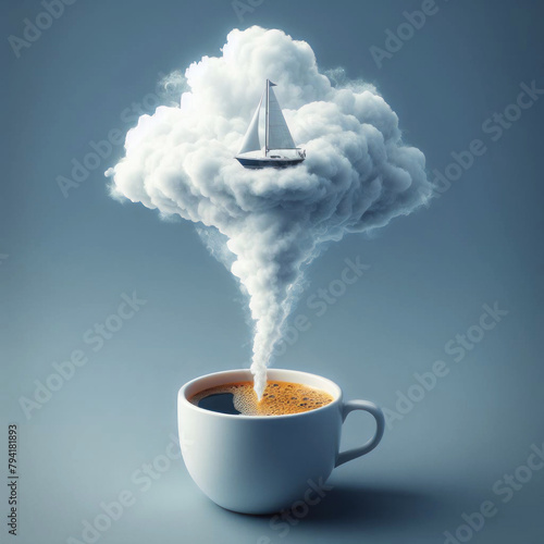 Dreaming of good vacation things over a cup of coffee. Building air castles. The concept of beautiful fantasies about having your own yacht. Minimalism