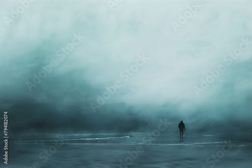 Silhouette of a man walking on the beach in the fog. Conceptual abstract art on the theme of solitude. Minimalistic design