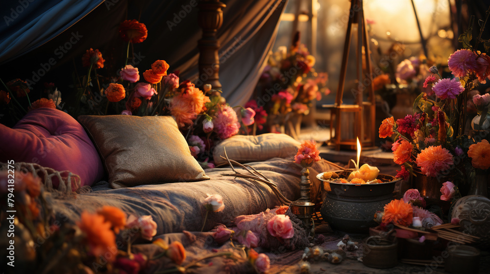 Artistic Pink Pillows Flowers Camp Tent Pastel Tones Color Theme With Depth Of Field Artistic Pink Pillows Flowers Camp Tent Pastel Tones Color Theme With Depth Of Field