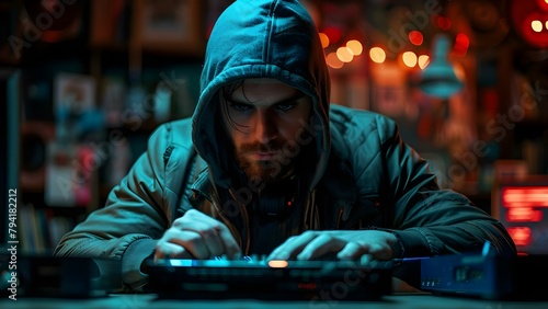 A male thief transferring valuable data onto a hard drive to install malware. Concept Cybercrime, Data Theft, Malware Installation, Information Security, Digital Crime