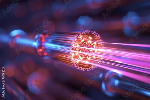 Cross-section of an optical fiber cable, showing light propagation through the core photo
