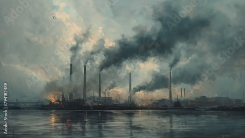 A painting of a city with smoke coming out of the factories