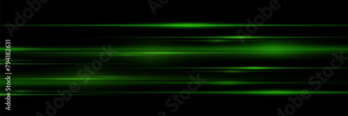 Green line of speed and light. Horizontal flash, glowing effect.