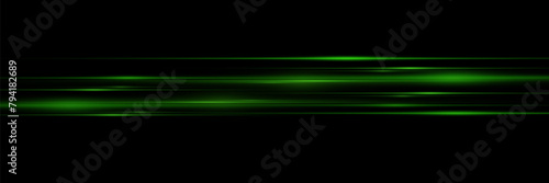 Green line of speed and light. Horizontal flash, glowing effect.