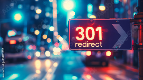 301 Redirect Road sign with an arrow on blurred night traffic background. SEO term for status response code of permanent redirection from one page to another photo
