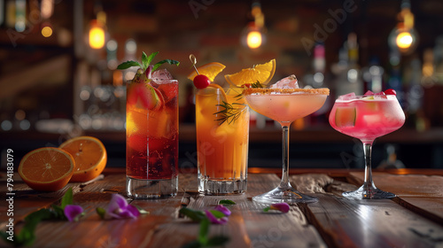 A table with four different colored drinks in tall glasses photo