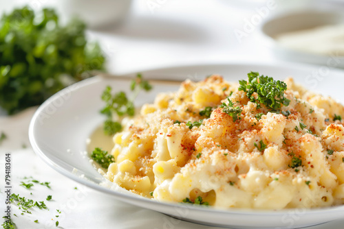 Close-Up Delicious Macaroni Cheese Served On A Plate In Food Restaurant Interior, Macaroni Cheese Food Photography, Food Menu Style Photo Image