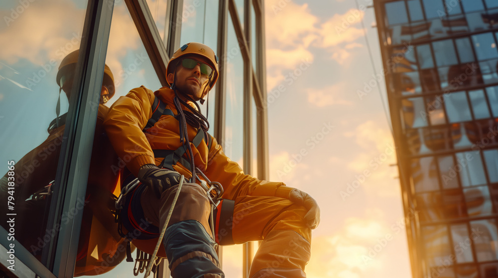 An industrial climber in sunglasses and full gear rests on the facade of a tall office building at sunset An industrial climber in sunglasses and full gear rests on the facade of a tall office building at sunset