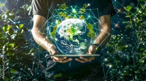 Person cradles a tablet displaying a glowing Earth, symbolizing a connection with nature through technology. It represents a global ecology concept, merging the digital with environmental consciousnes photo