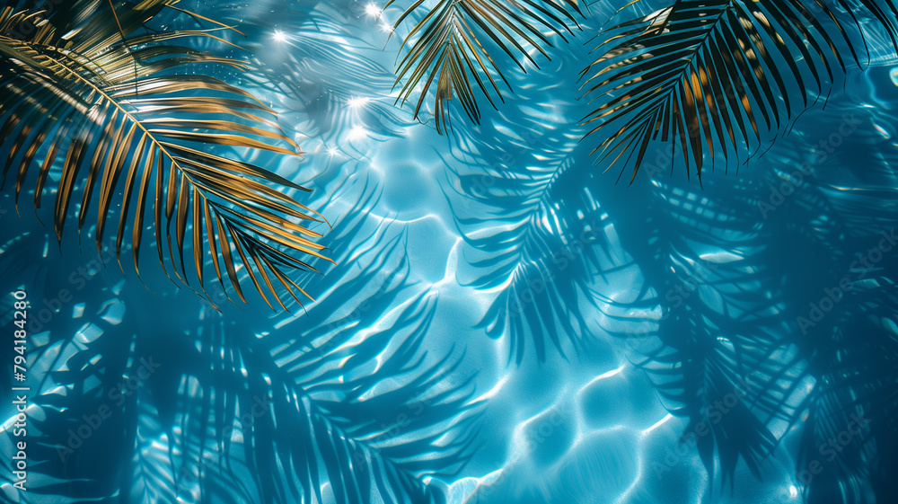 Water surface with Tropical leaf shadow. Shadow of palm leaves on blue water. Beautiful abstract background concept banner for summer vacation at the beach. background for design Water surface with Tropical leaf shadow. Shadow of palm leaves on blue water. Beautiful abstract background concept banner for summer vacation at the beach. background for design