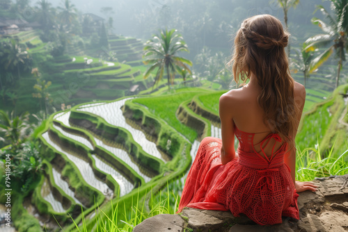 Young female tourist in red dress looking at the beautiful tegalalang rice terrace in Bali, Indonesia photo