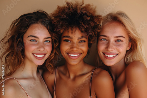 Portrait of happy diverse multi ethnic young women on beige background