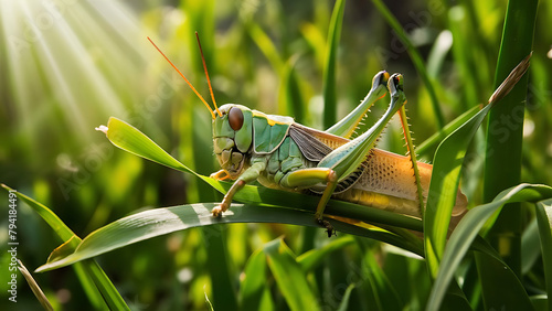  sunny day and a grasshopper in the grass, AI Generative
