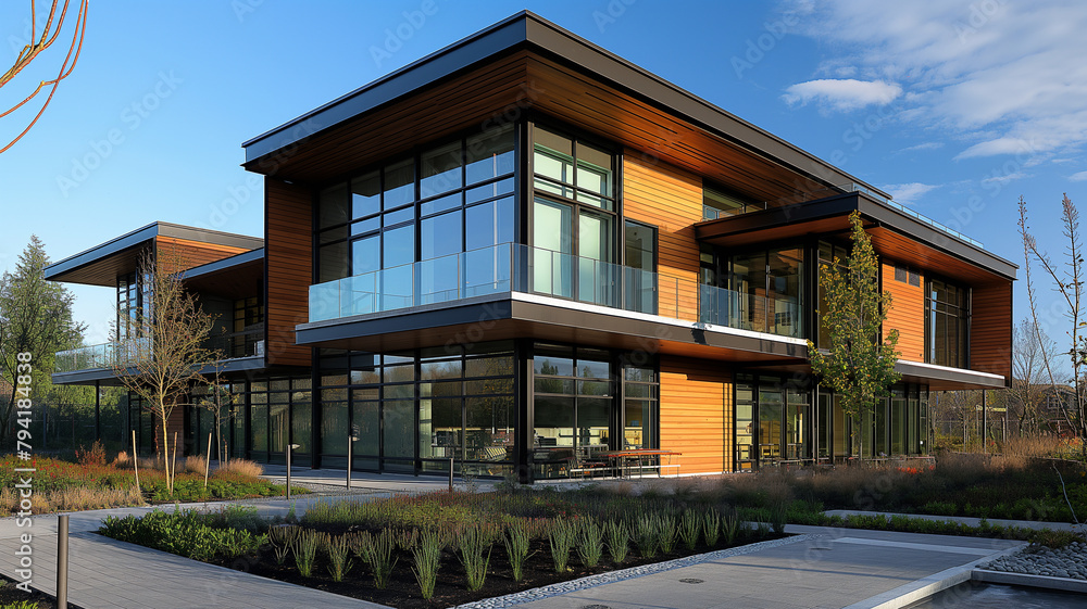 A large building with a lot of windows and a wooden facade