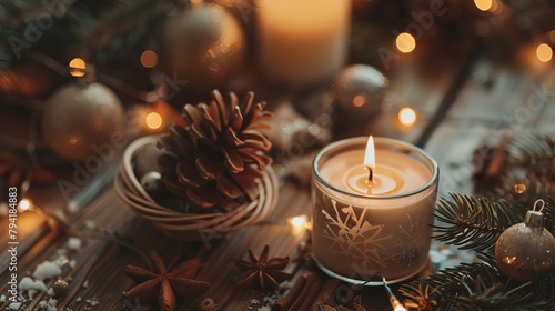 A rustic and cozy Christmas background adorned with wooden ornaments and soft candlelight © Yuchen