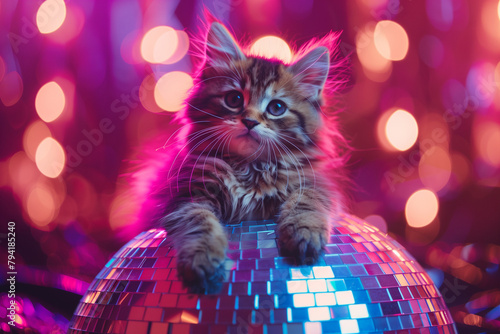An adorable kitten perches elegantly atop a sparkling disco ball, its curious gaze reflecting the vibrant lights, capturing the essence of playful glamour.