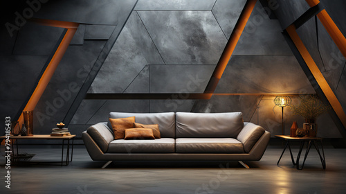 Beautiful Luxury Living Room Interior with Luxury Sofa with Dark Stone Wall