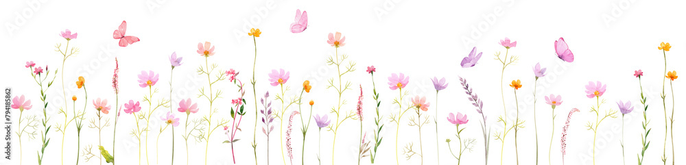 Watercolor Horizontal Banner with Wildflowers in Pastel Colors