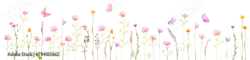 Watercolor Horizontal Banner with Wildflowers in Pastel Colors © FoxyImage