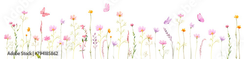 Watercolor Horizontal Banner with Wildflowers in Pastel Colors