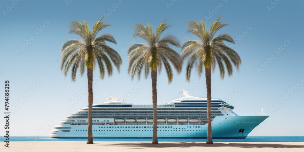 A pristine white cruise ship glides gracefully near a tropical beach, exuding elegance and luxury.