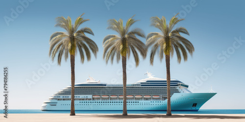 A pristine white cruise ship glides gracefully near a tropical beach  exuding elegance and luxury.