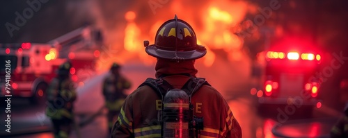 Firefighter poised in action against blazing fire