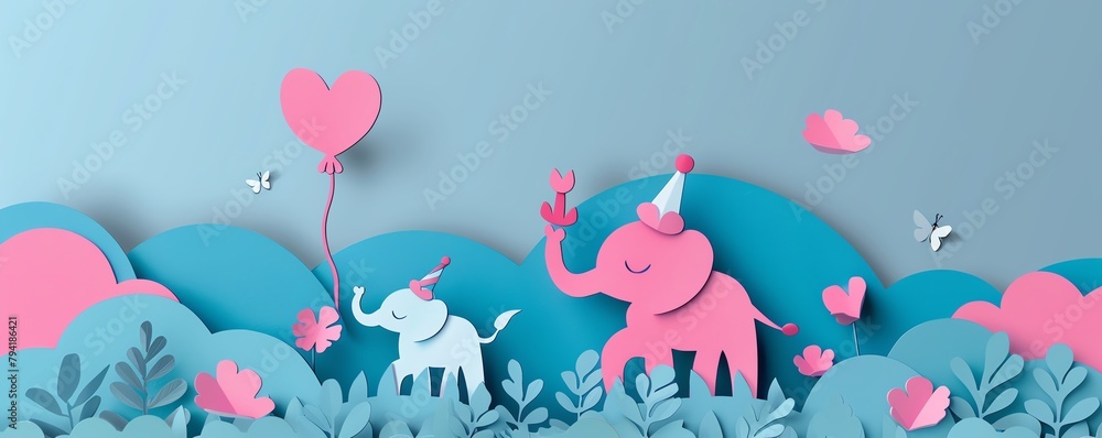 Whimsical papercut card for a birthday celebration, featuring animals and birthday hats, playful and charming Whimsical papercut card for a birthday celebration, featuring animals and birthday hats, playful and charming