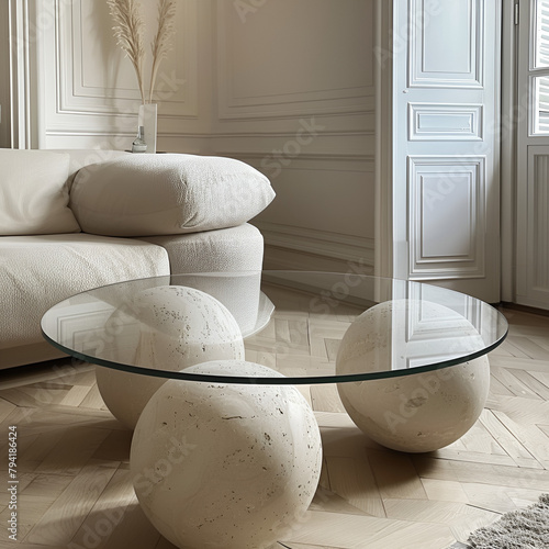image that captures the refined ambiance of a Haussmannian apartment's salon with stunning realism. The focal point is a bespoke coffee table that marries the transparency of modern design