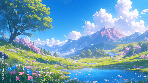 A beautiful mountain landscape with pink cherry blossoms in the foreground. The mountains are covered in snow and the sky is clear and blue. The scene is peaceful and serene