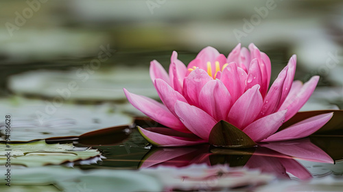 A close-up image of a pink waterlily with its petals spread wide open  floating gracefully on the water s surface
