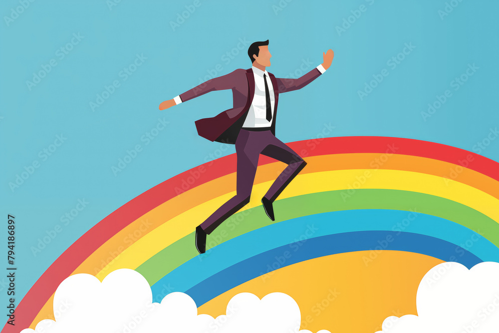 Business graphic vector modern style illustration of a business person on a rainbow indicating success joy over the moon happy promotion pitch win windfall investment