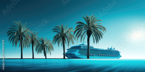 Anchored near a tropical shore  an elegant white cruise ship adds a touch of sophistication to the idyllic beachscape.