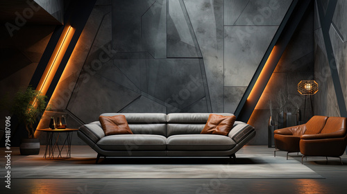 A Modern Luxury Living Room with A Sofa Paired with A Dark Concrete Wall That Offers a Sleek and Contemporary Vibe