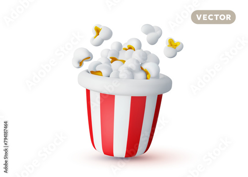 Vector illustration of realistic full striped red bucket of pop corn on white color background. 3d style design of popcorn bucket with shadow. Sweet cinema food
