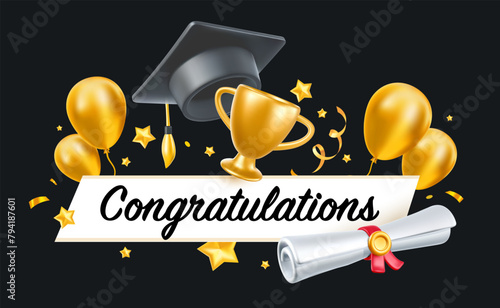 Vector illustration of graduate cap and diploma on black background with air balloon. 3d style design of congratulation graduates 2024 class with graduation hat and winner cup. Graduation word