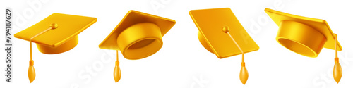Vector illustration of set of golden graduate cap with golden tassel on white background. 3d style design of collection of graduation hat in different angle