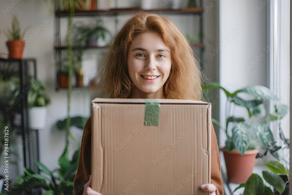 Happy Woman Holding A Cardboard Box Against The Background Of A Bright New Apartment, Moving Day, Home Relocation Happy Woman Holding A Cardboard Box Against The Background Of A Bright New Apartment, Moving Day, Home Relocation