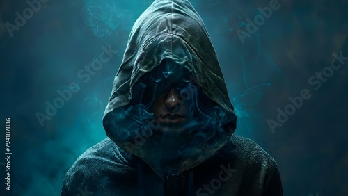 Unidentifiable hacker in hooded dark space with blue digital background. Concept Cybersecurity Threats, Cybercrime, Dark Web, Internet Security, Anonymous Hackers