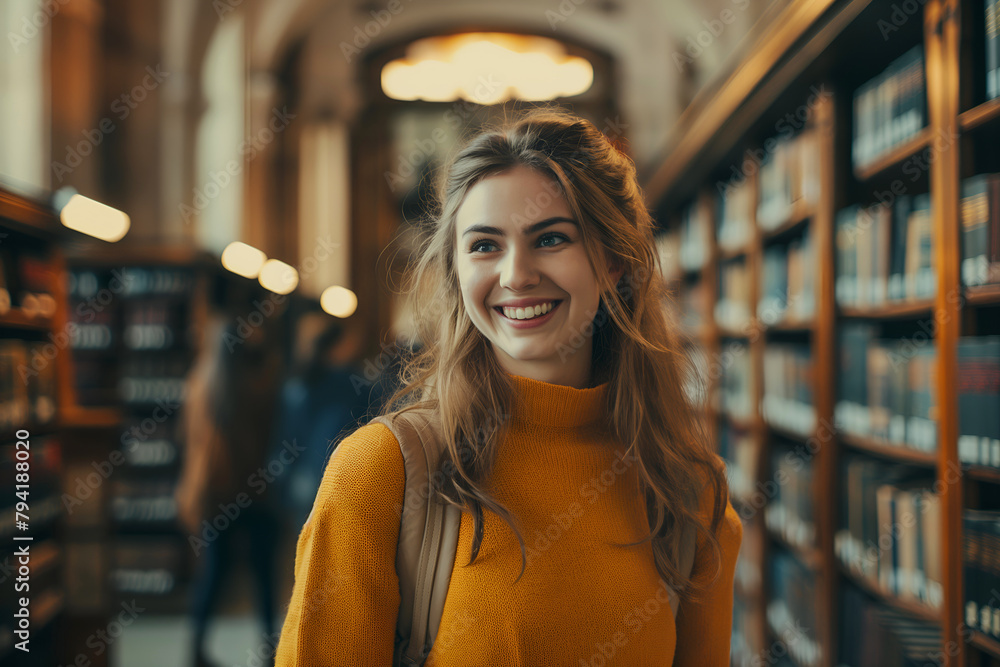Happy Smiling Young Student Walking Indoors In University Campus, Female Wearing Jumper, Looking Around The Library, Searching For Textbooks & Lecture Happy Smiling Young Student Walking Indoors In University Campus, Female Wearing Jumper, Looking Around The Library, Searching For Textbooks & Lecture