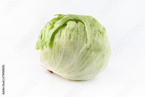 A head of iceberg lettuce on a white background.