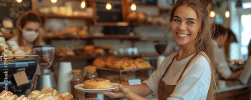 Waitress offering pastry in the bakery photo