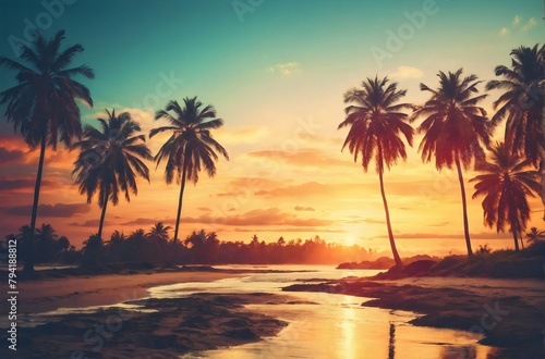 Palm Trees On Beach At sunset  summer background 