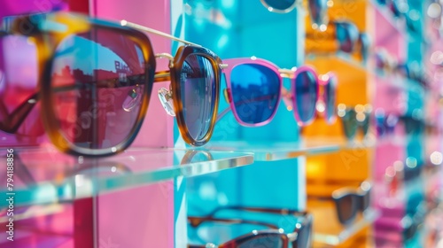 Variety of stylish sunglasses on a reflective surface. Product photography with colorful background