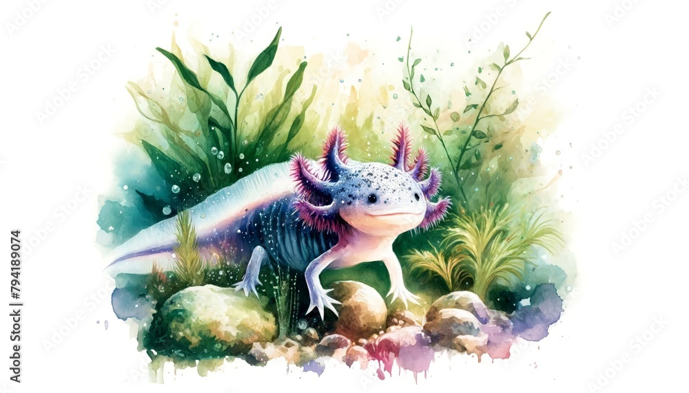 An artistic watercolor painting of an Axolotl (Ambystoma mexicanum) in a vibrant, dreamy underwater setting with aquatic flora and rocks.
An artistic watercolor painting of an Axolotl (Ambystoma mexicanum) in a vibrant, dreamy underwater setting with aquatic flora and rocks.