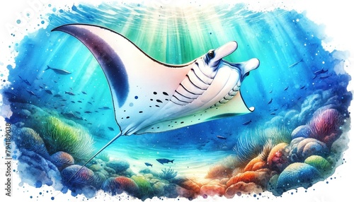A watercolor painting of a Manta Ray (Manta birostris), capturing its graceful elegance and large wingspan in a serene oceanic environment. photo