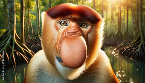 A realistic photographic image of a Proboscis monkey (Nasalis larvatus) in the Borneo forests, highlighting its distinctive large nose and pot belly in a natural setting.
 photo