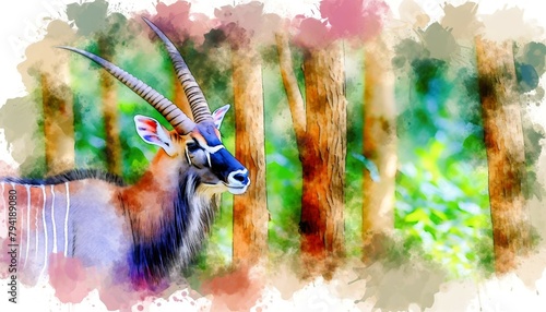 A watercolor painting of a Saola (Pseudoryx nghetinhensis) set in a vibrant, lush forest, artistically capturing its elegance and distinct features.
